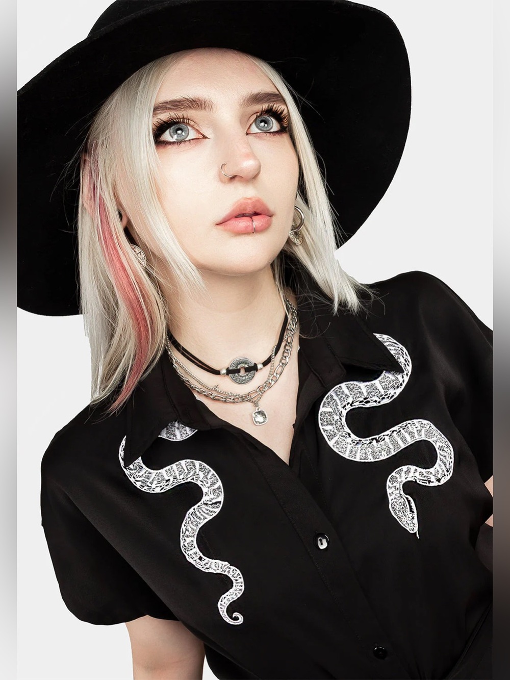 Disturbia Slither Relaxed Midi Shirt Dress with White Snake Embroidery Gothic - Picture 4 of 12